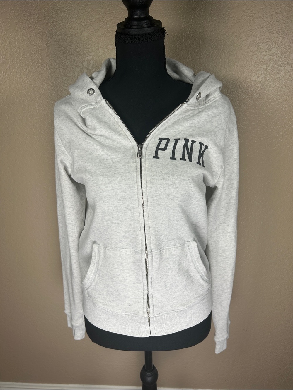 Pink Victoria’s Secret Gray Zip-Up Hoodie Size Small “TX” Back Detail